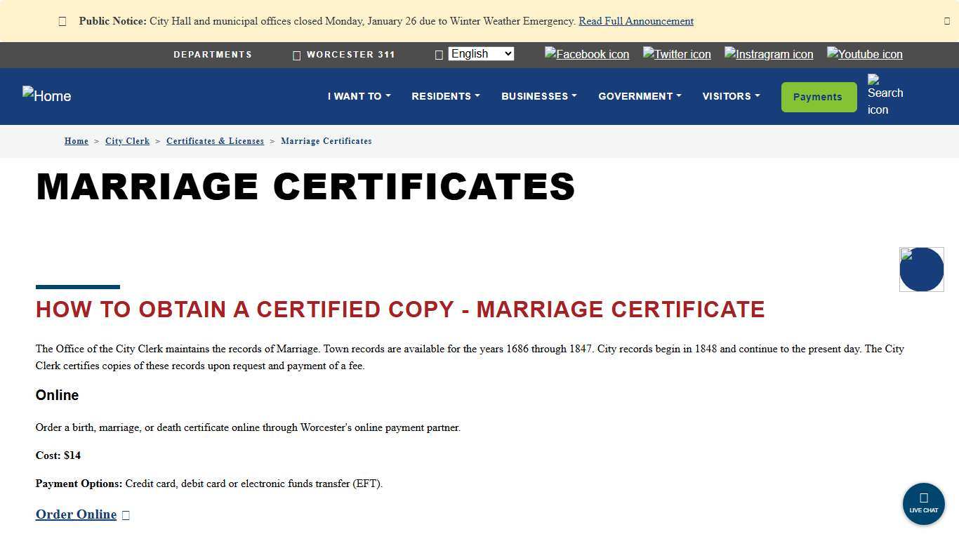Marriage Certificates City of Worcester