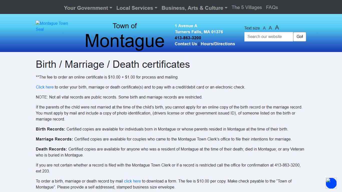 Birth / Marriage / Death certificates - Town of Montague, MA