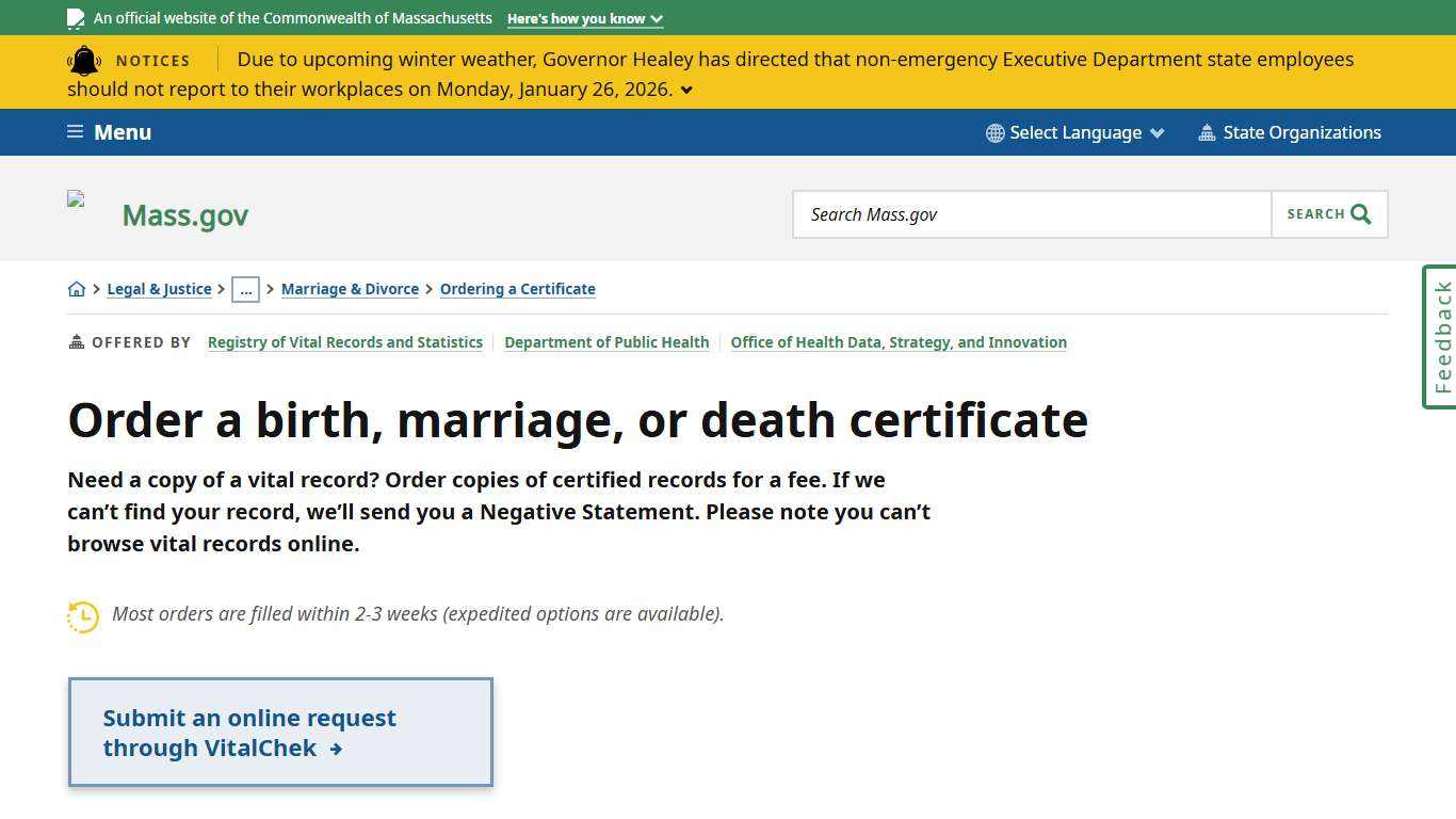 Order a birth, marriage, or death certificate Mass.gov